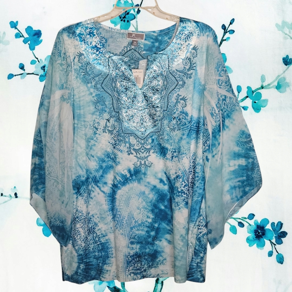 JM Collection Marina Blue Tie Die Floral  Sheer 3/4 Sleeve Tunic Blouse- 0X